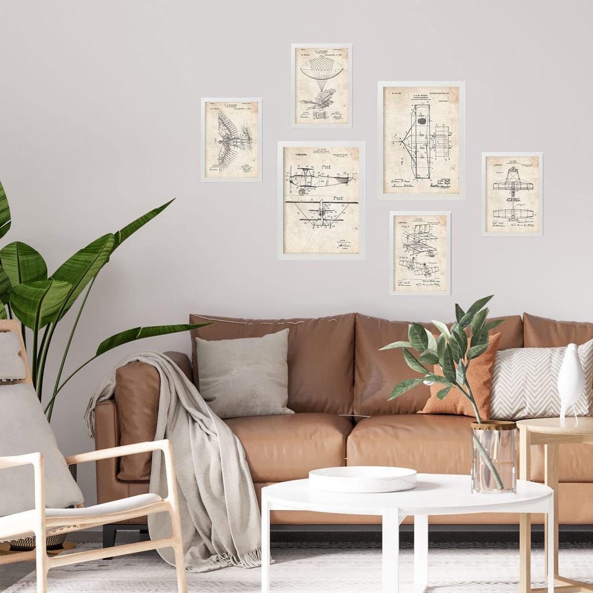 POSTER Set Mit 6 Plakaten Mit Flugzeug Patenten Im Vintage Stil A3 & A4 Rahmen Aus Hellem Holz - Beige, Papier (29/3cm) - Nacnic