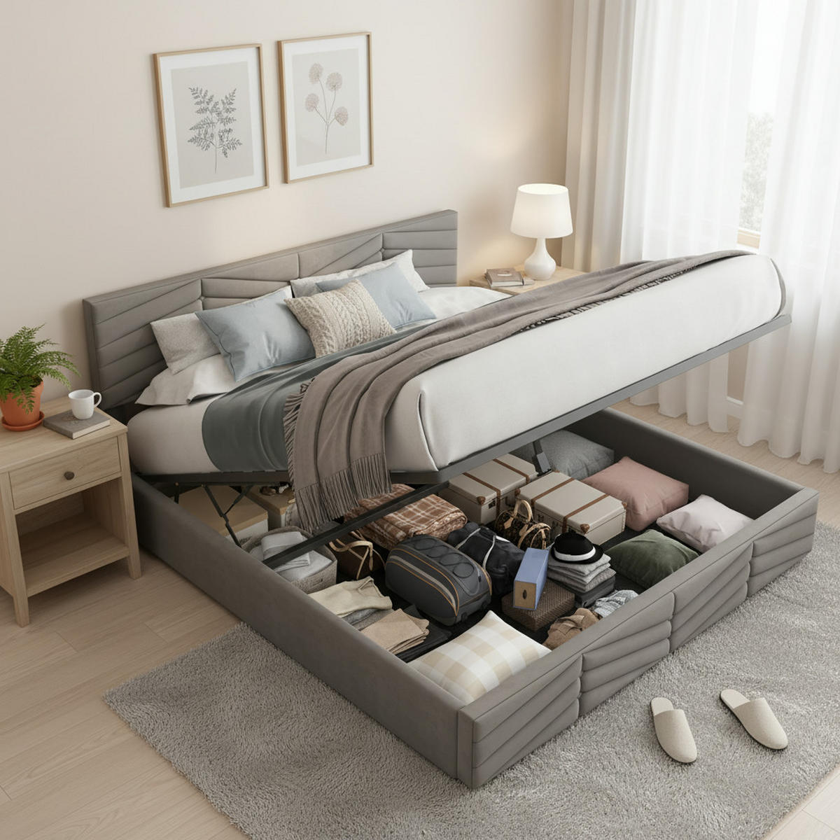 POLSTERBETT 140/200 cm mit hydraulischem Bettkasten, höhenverstellbarem Kopfteil, Grau - Grau, Textil (140/200cm) - Redom