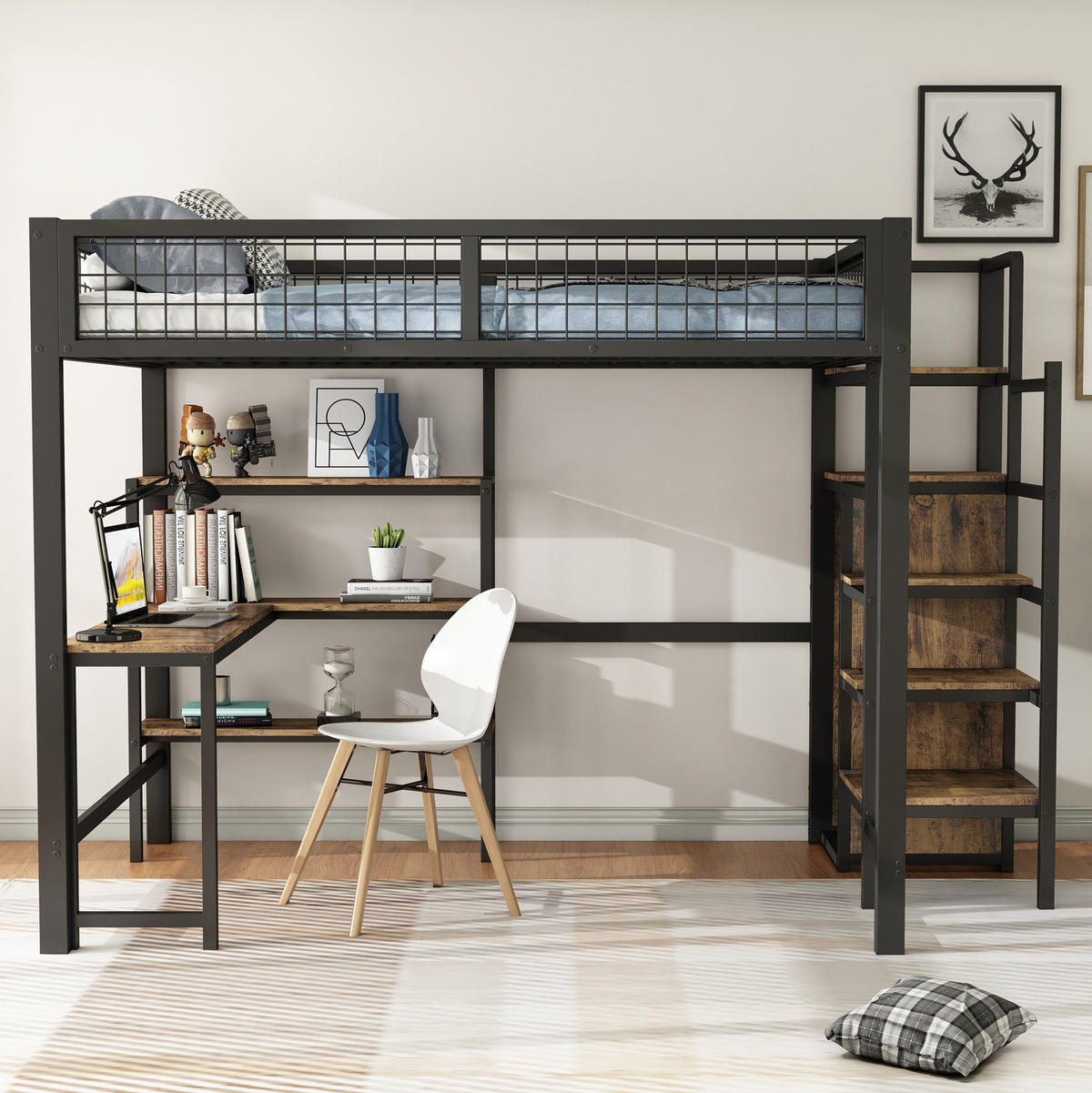 HOCHBETT 140/200 cm in Schwarz/Braun mit Schreibtisch, Regalen und Kleiderschrank - Schwarz, Metall (140/200cm) - Flora Grace