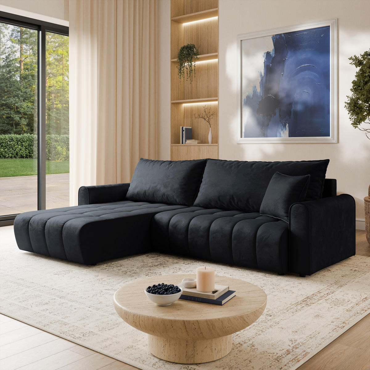 ECKSOFA FRIGA Schwarz Velours-Stoff mit Schlaffunktion - Schwarz, Holz (283/185cm) - MASSENO