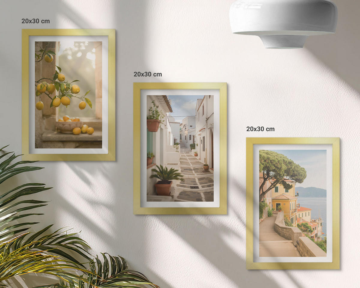 WANDBILDER 3er Set - 20x30 cm Goldrahmen - Blick aus dem Fenster auf einen Zitrusbaum - Goldfarben, Kunststoff (20/30cm) - ArtPrintCave