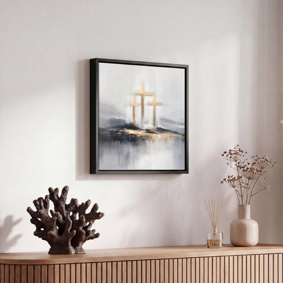 LEINWAND Bilder mit Rahmen - Abstrakt - Malerei - Christentum - Kreuz - 20x20 - Weiß, Textil (20/20cm) - MuchoWow