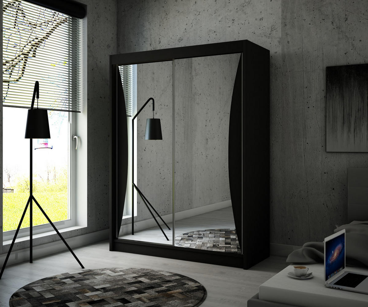 KLEIDERSCHRANK TIWAN mit Spiegel - 200 cm - Schwarz - Schwarz, Holzwerkstoff (200/215/61cm) - ALTDECOR
