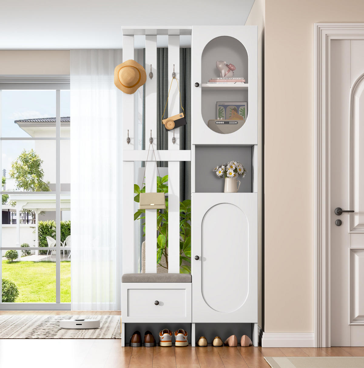 KOMPAKTGARDEROBE 85/33,5/200 cm aus Spanplatte mit gehärtetem Glas und Schuhbank Weiß - Weiß, Holzwerkstoff (33.5/200/85cm) - Modenvie