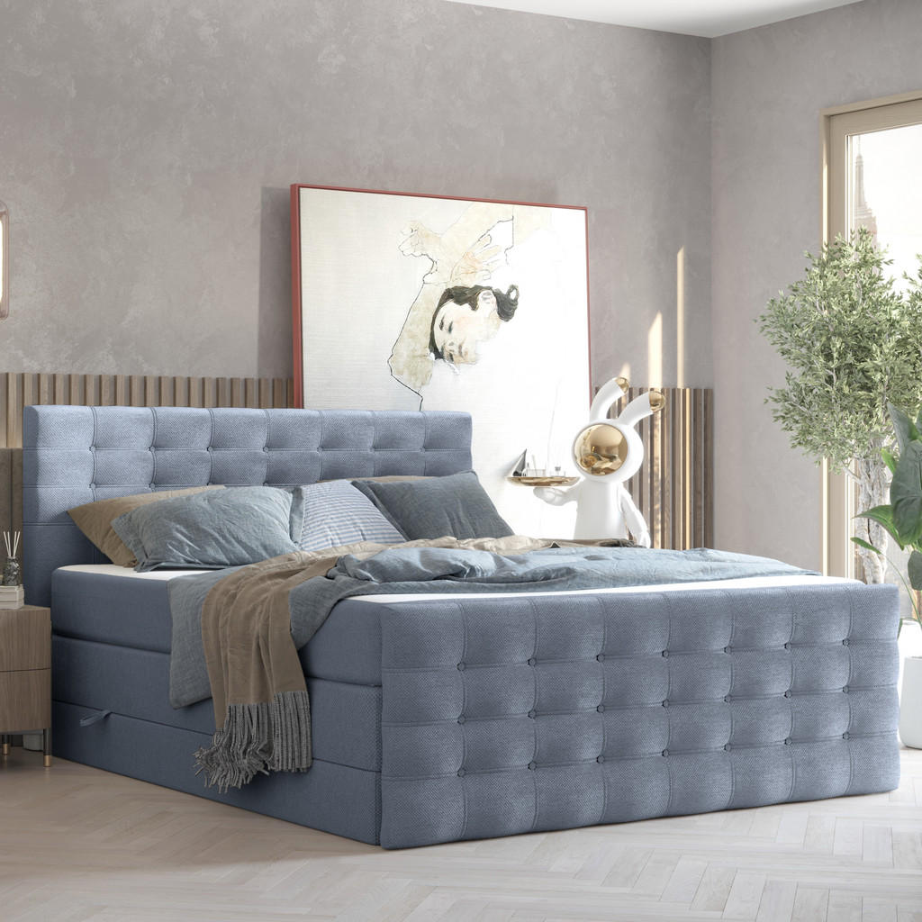 Thumbnail - Maison de Reve Boxspringbett, Blaugrau, Textil, Buche, Kiefer, H2, Höhe ca. 40 cm, 140x200 cm, Oeko-Tex® Standard 100, F...