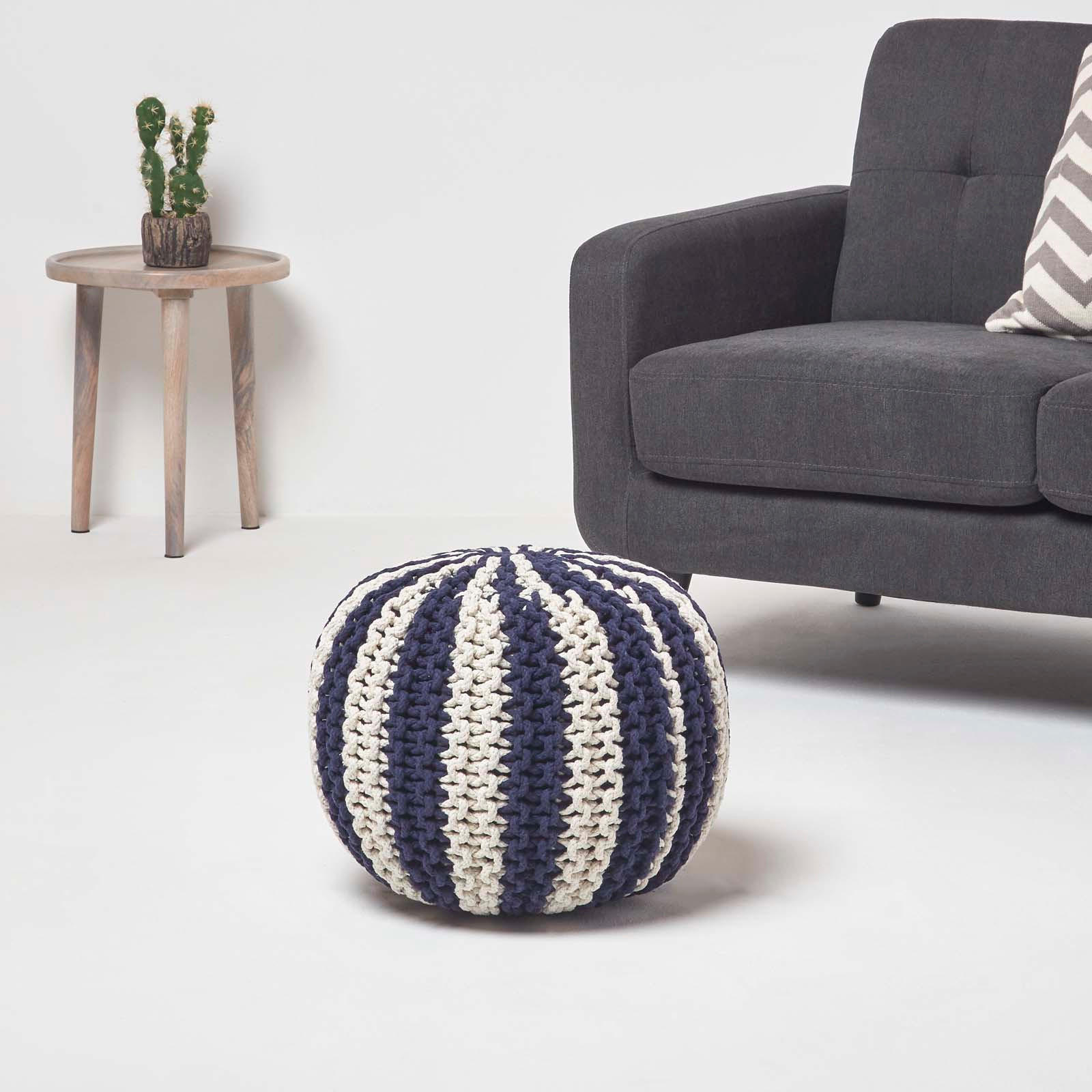 STRICKPOUF rund, marine-creme gestreift, 40/40/35 cm - Dunkelblau, Textil (40/35/40cm) - Homescapes