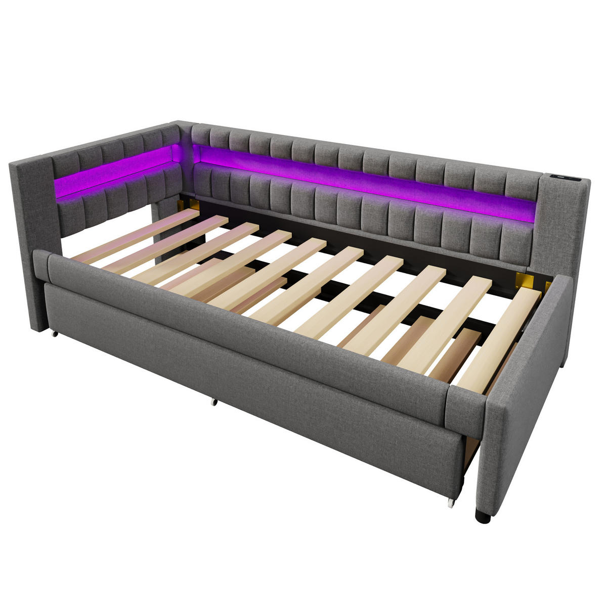 ČALOUNĚNÁ postel 90/200 cm, lněný potah šedá, s výsuvným lůžkem, LED osvětlením a USB/USB-C - šedá, textil (90/200cm) - BEAOK