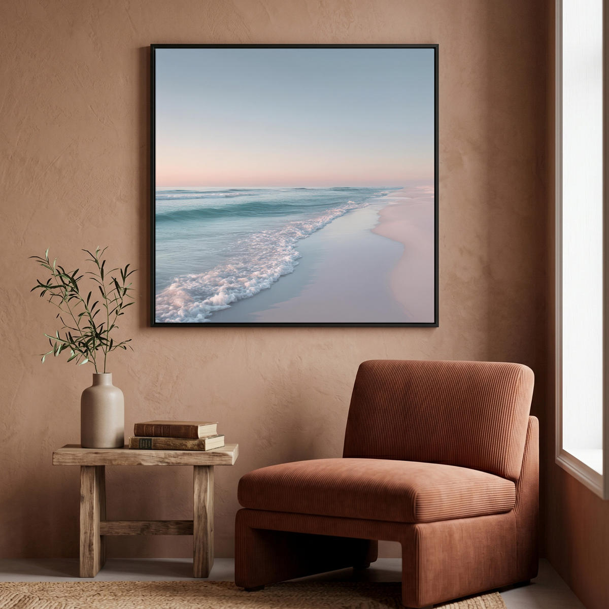 LEINWAND Bilder mit Rahmen - Küstenlinie - Pastell - Wasser - 90x90 - Pastellblau, Textil (90/90cm) - MuchoWow