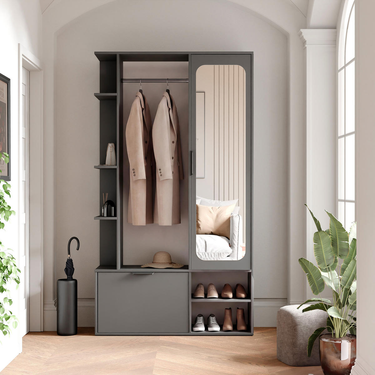 GARDEROBE mit Spiegel ELIOR - Grau, Holz (100/189.4/33cm) - Idohome