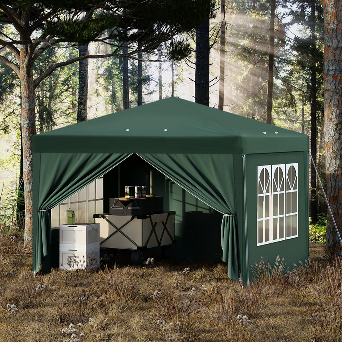 POP-UP-GARTENPAVILLON – 3×3 m, wasserdicht, höhenverstellbar, mit Seitenwänden und Fenstern - Grün, Metall (300/270/300cm) - Kaket