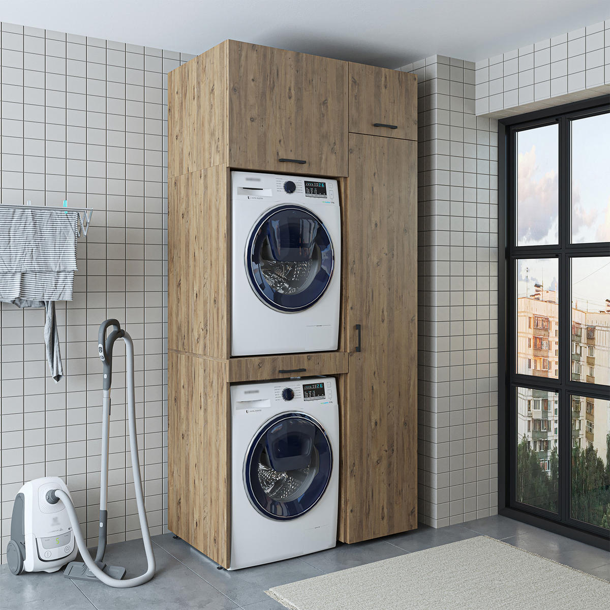 WASCHMASCHINENSCHRANK DUO-I 112cm Breit, 240cm Hoch - Eichefarben, Holzwerkstoff (112/240/67cm)