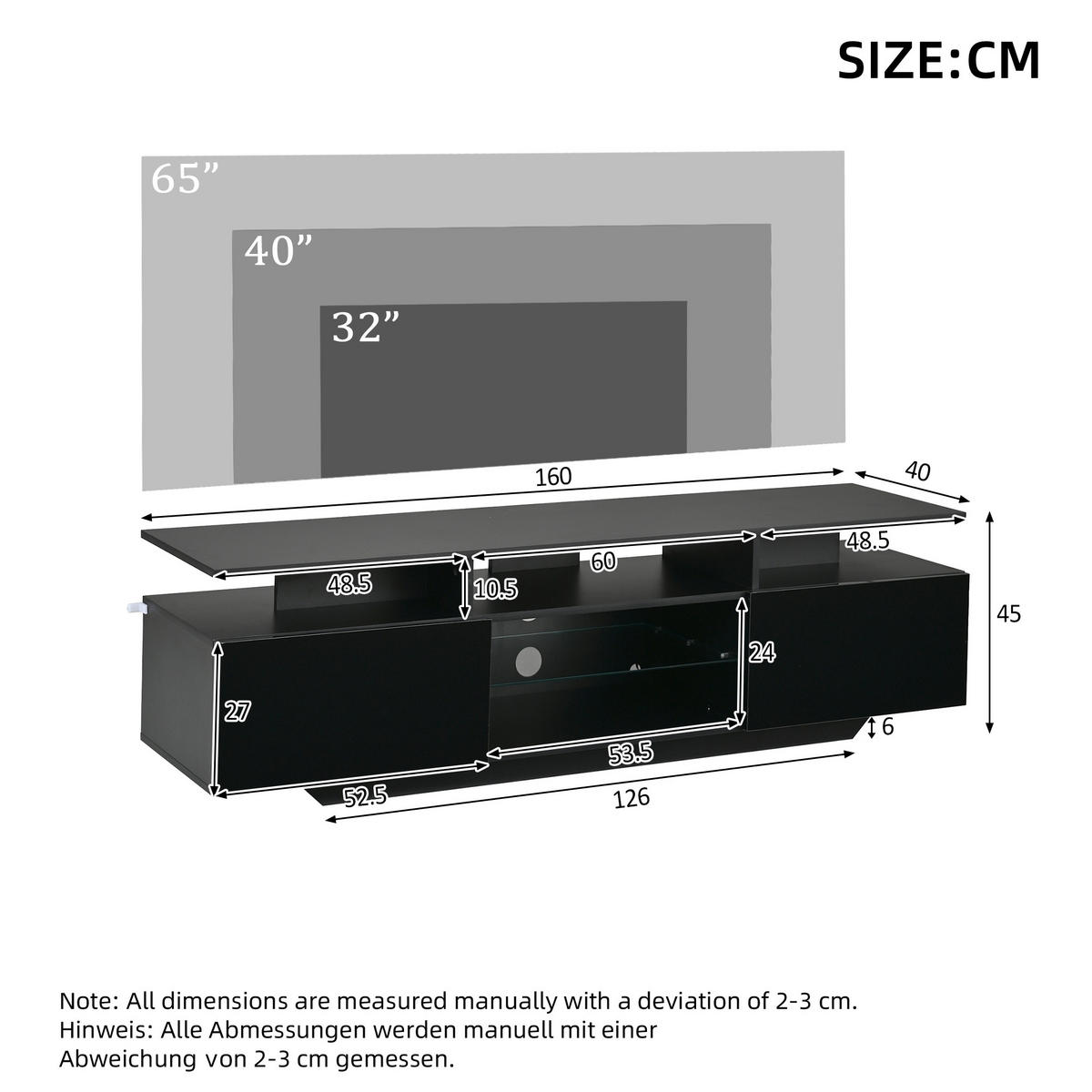 TV-SCHRANK schwarz aus MDF mit gehärtetem Glas und App-gesteuerter USB-LED 160 × 40 × 45 cm - Schwarz, Holzwerkstoff (160/45/40cm) - Luhomfu