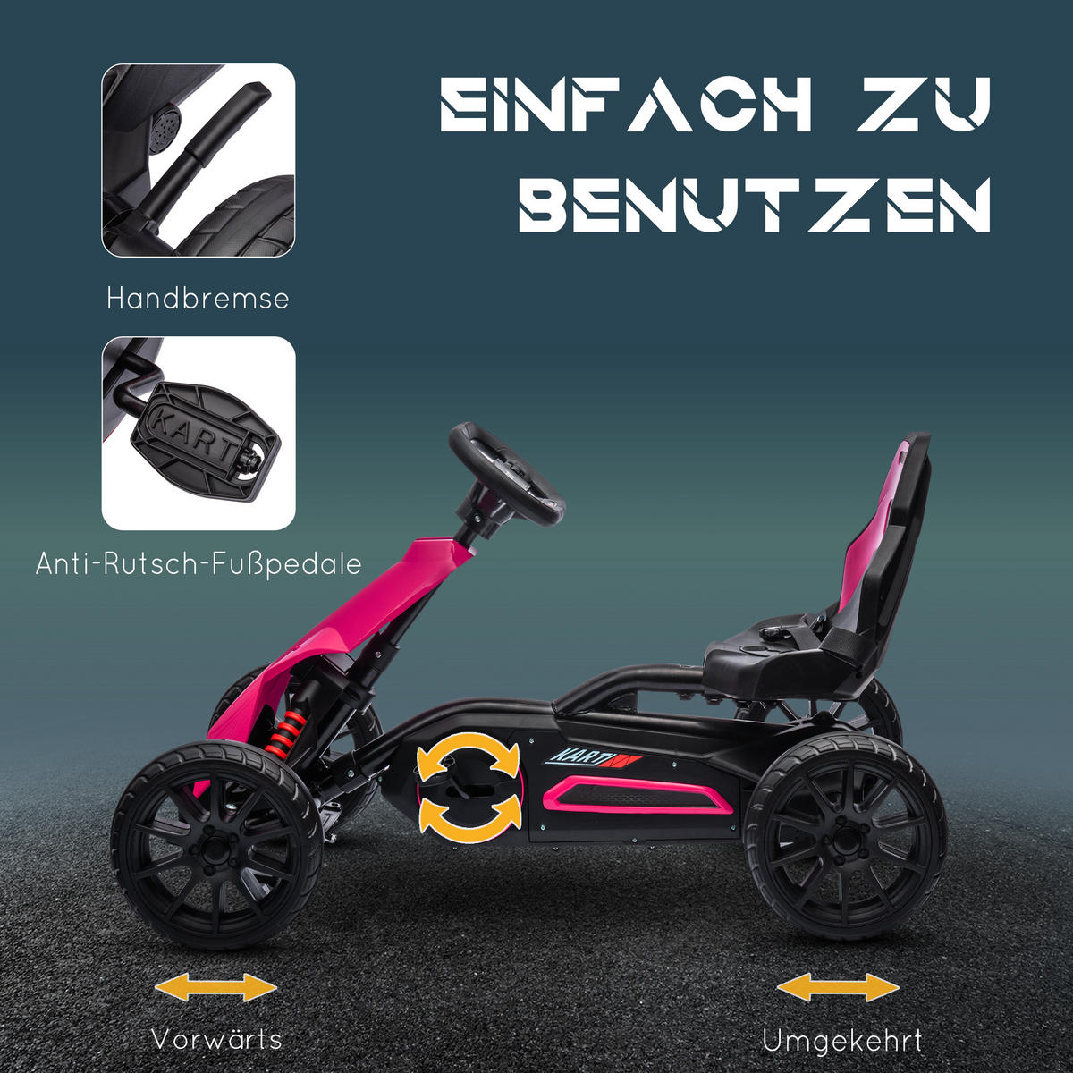 KINDER GO KART TRETAUTO, Rosa, Kunststoff, Metall - Rosa, Kunststoff (100/58/58.5cm) - HOMCOM