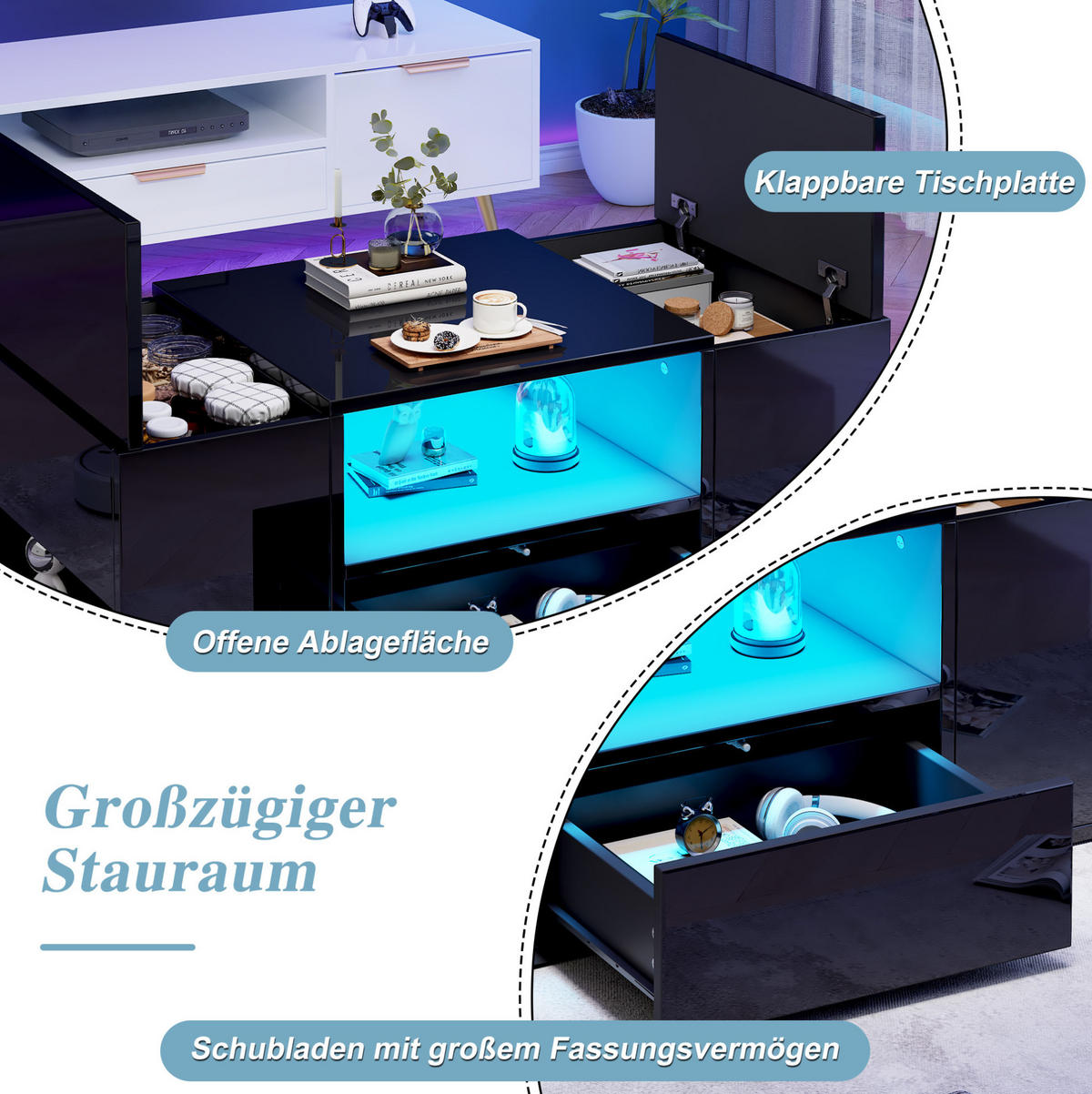 COUCHTISCH 100/50/40 cm in Schwarz mit LED-Beleuchtung und Stauraum - Schwarz, Holzwerkstoff (100/50/40cm) - Flora Grace