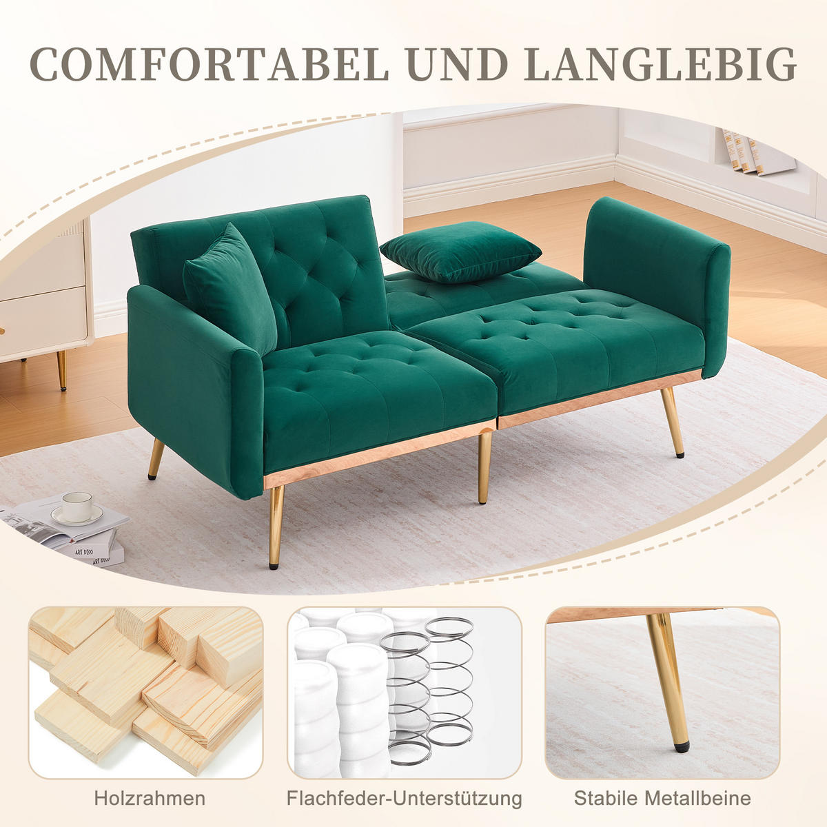 SCHLAFSOFA Zweisitzer Samt mit verstellbarer Rückenlehne Smaragdgrün 165/72,5/75 cm - Smaragdgrün, Textil (72.5/75/165cm)