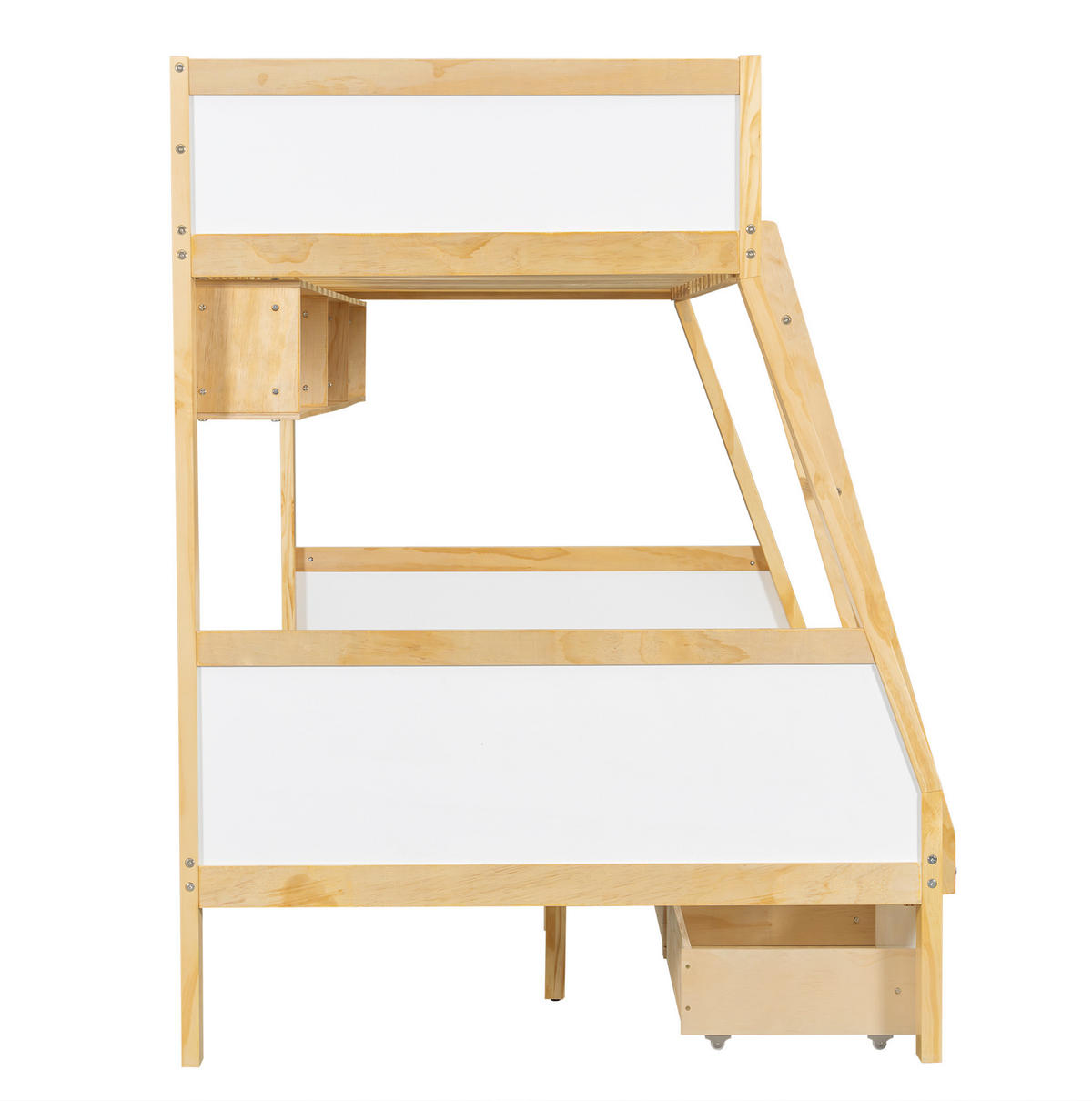 POSCHODOVÁ posteľ 90/200 a 120/200 cm biela/prírodná s úložnými zásuvkami a stojanom na knihy z borovice a MDF - biela, drevo (90/200cm) - OKWISH