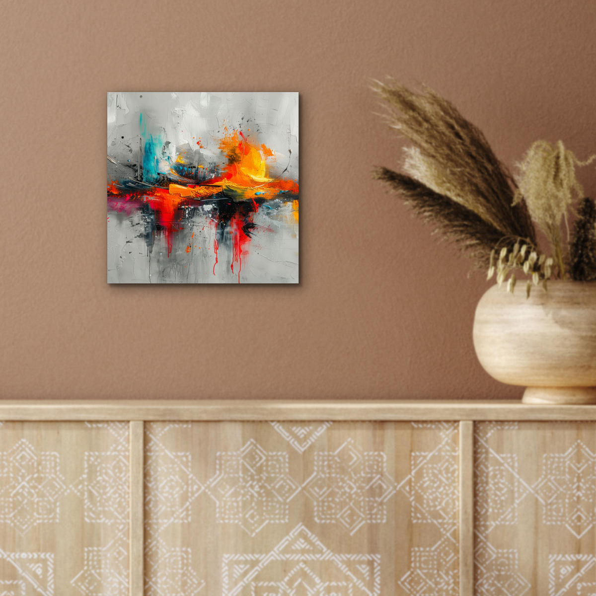 KOVOVÝ OBRAZ Moderné umenie - Oranžová - Sivá - Abstraktné 20x20 cm - svetlosivá, kov (20/20cm) - MuchoWow