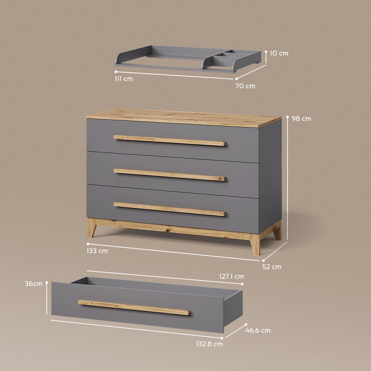 WICKELKOMMODE Mailo Grau/Artisan XL mit 3 Schubladen - Eiche Artisan/Grau, Holzwerkstoff (133/98/70cm) - Livinity®