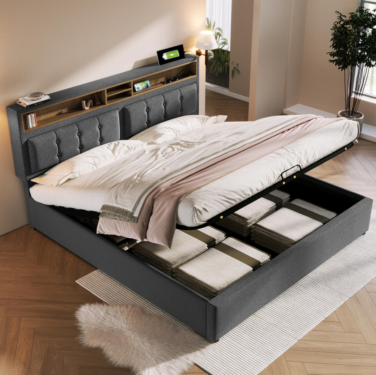 ČALÚNENÁ posteľ z ľanového materiálu 160x200 cm sivá s nastaviteľným čelom, USB-C a úložným priestorom - sivá, textil (160/200cm) - Modfu