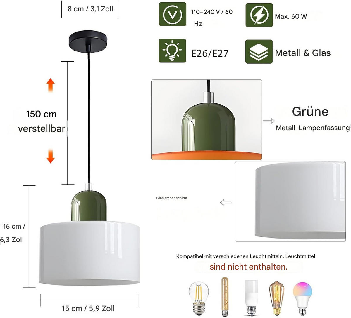 PENDELLEUCHTE Glas Nordisch Modern 15cm Weiß, E27 bis 150cm höhenverstellbar - Weiß, Metall (15/16/15cm) - Weltevree