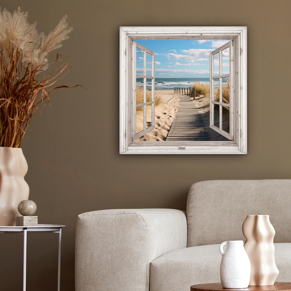 LEINWANDBILD Fenster - Meer - Küste - Natur - Ausblick - Strand - Wattenmeer 50x50 cm - Beige, Textil (50/50cm) - MuchoWow