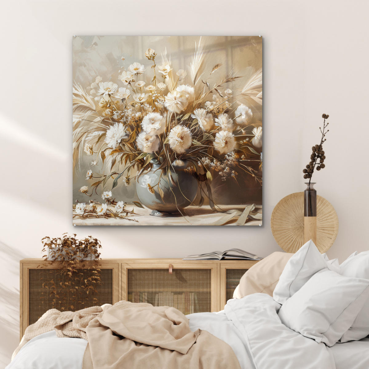 ACRYLGLASBILD Blumen - Vase - Stilleben - Beige 90x90 cm - Creme, Glas (90/90cm) - MuchoWow