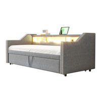 BETT aus Leinen 90/180x190 cm Hellgrau mit Ausziehbett, LED, USB und 3 Ablagefächern - Hellgrau, Textil (90/190cm) - Modfu