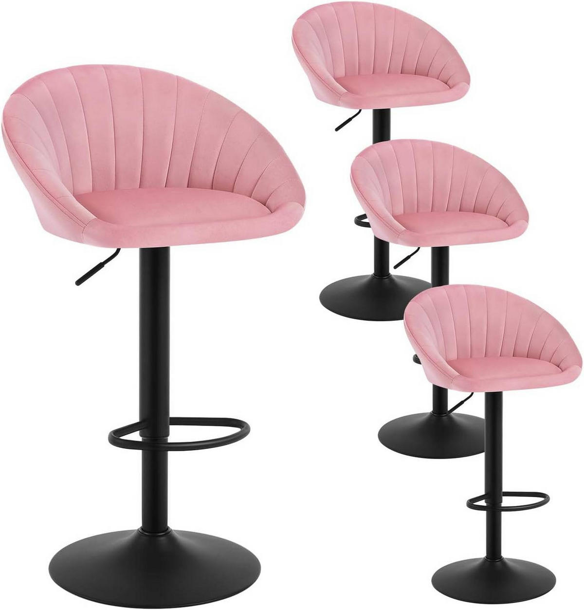 BARHOCKER 4er Set mit Rückenlehne, Samt, Rosa - Schwarz/Rosa, Textil/Metall (53/83/45cm) - Woltu