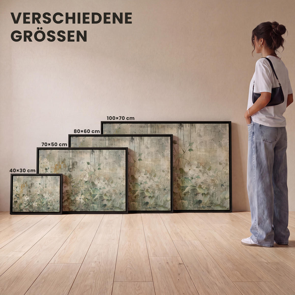 LEINWAND Bilder mit Rahmen - Blumen - Blätter - Abstrakt - Modern - 80x60 - Grau, Textil (80/60cm) - MuchoWow