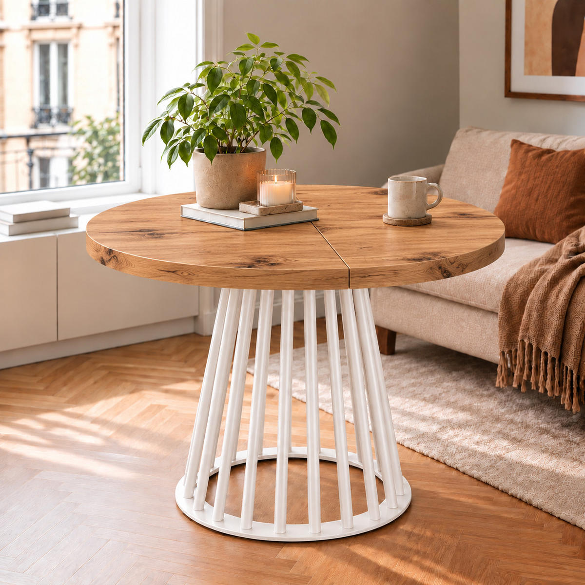 ESSTISCH rund ausziehbar 90/190/76 cm, Eiche Craft, 54 cm Tischplatte + Lamellen-Metallgestell Weiß - Eichefarben/Weiß, Holzwerkstoff/Metall (90/190/76cm) - Damale Möbel