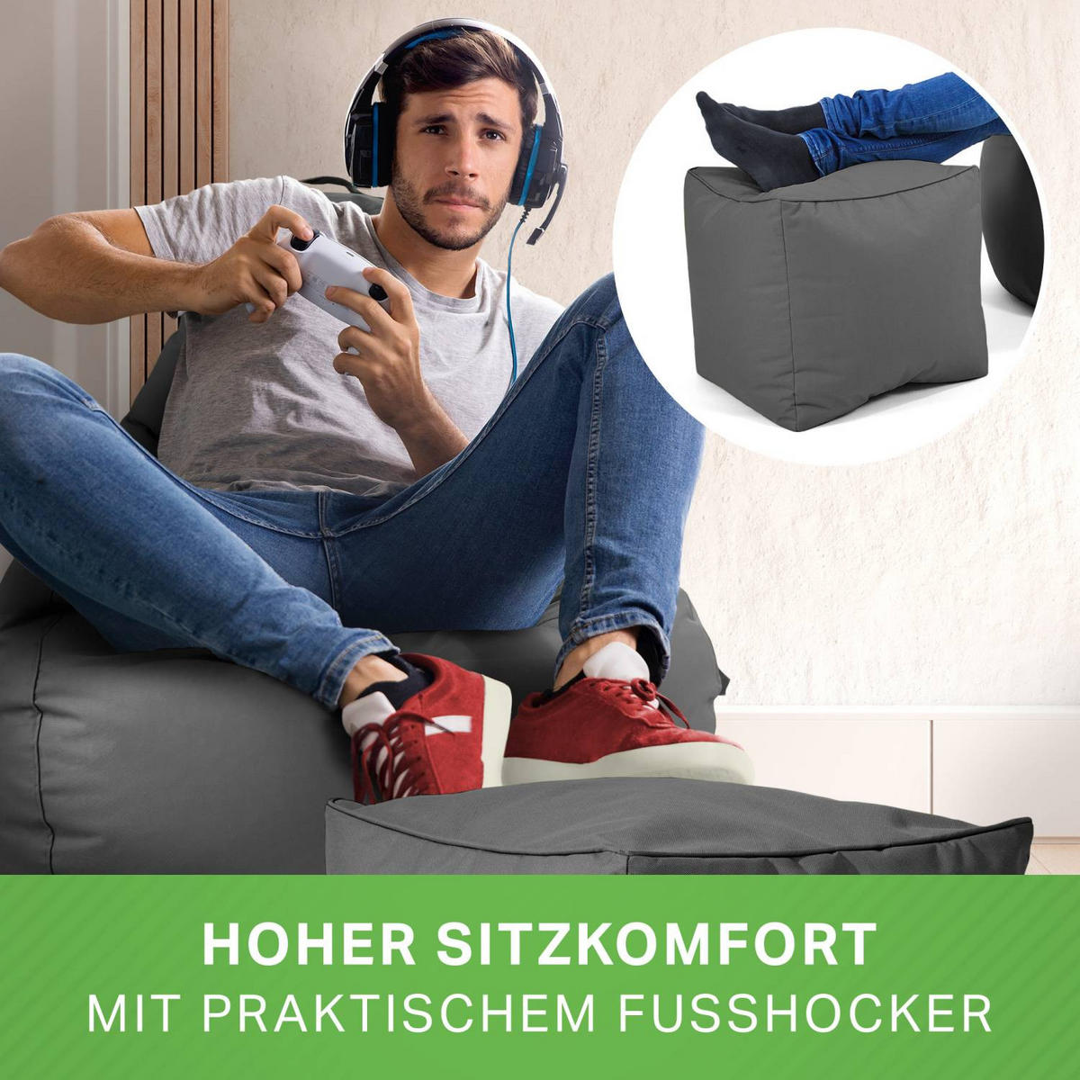 SITZSACK + Hocker "Cozy+Cube" 2er Set - Hellblau, Textil (70/90/80cm) - Green Bean