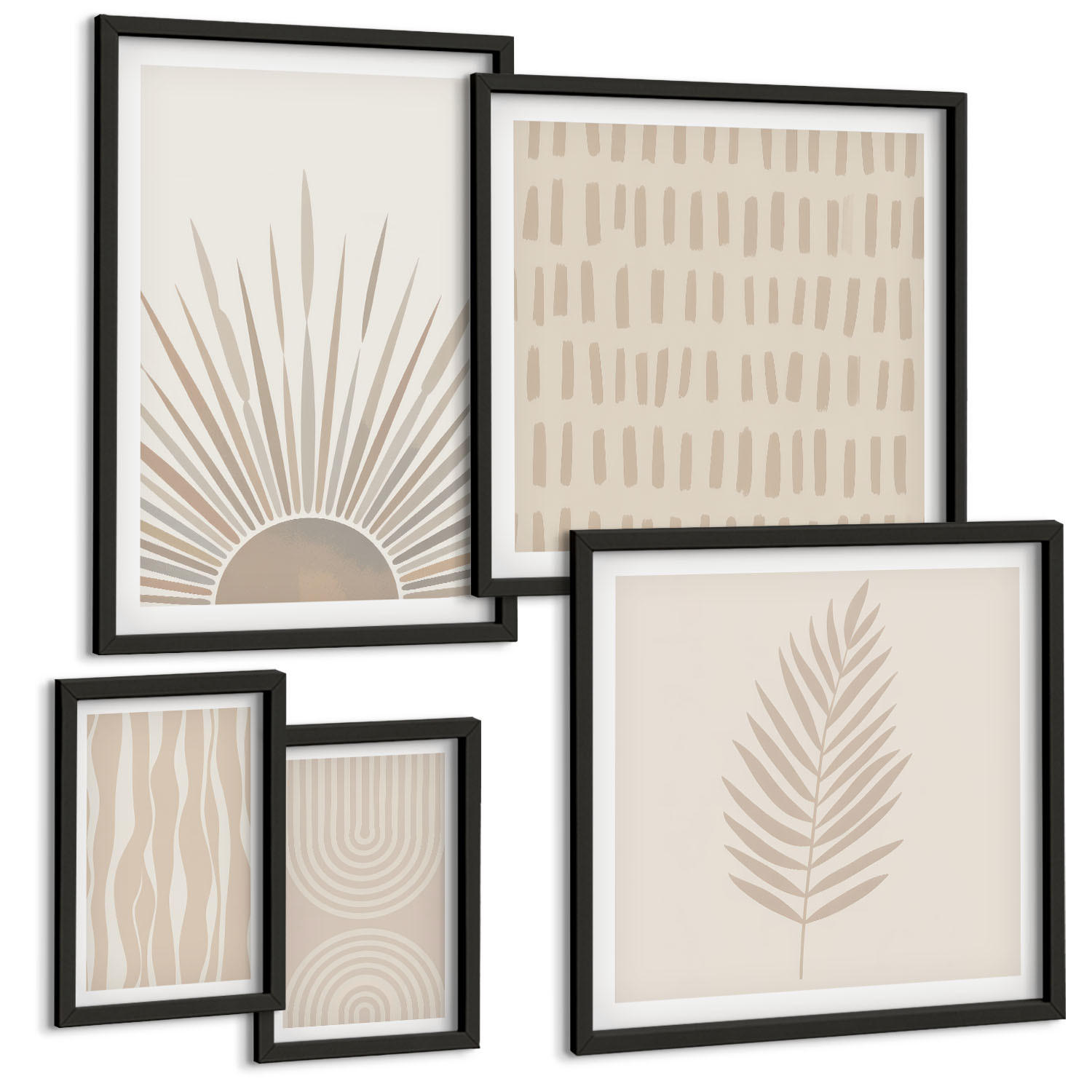BILDER SET 5er Set - 50x50 cm & 20x30 cm & 40x60 cm Schwarzer Rahmen - Beige Pflanzenmuster - Schwarz, Kunststoff (40/60cm) - TULUP