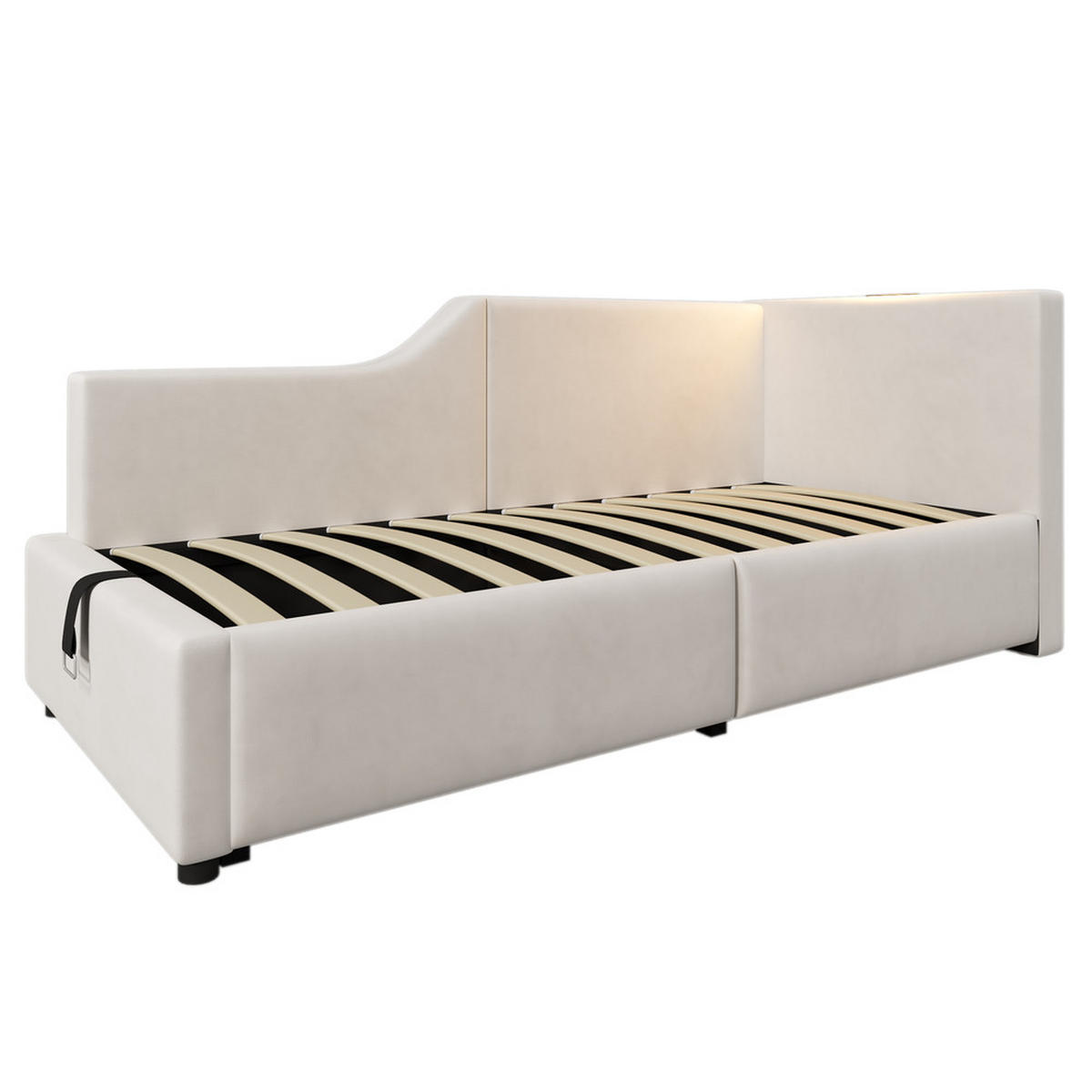 TAGESBETT 90x200cm Schlafsofa hydraulisch USB-C Leselicht Beige Samt - Beige, Holz - FLIEKS