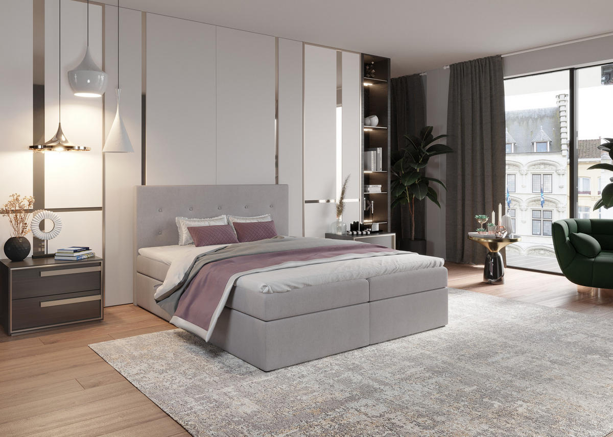 BOXBETT Dublin Grau 200x200 cm Bettkasten + Topper - Grau, Holz/Textil (200/200cm) - Comfortic