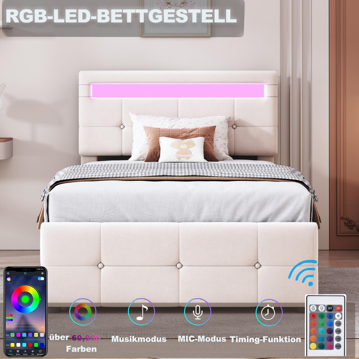 POLSTERBETT 90/200 cm Beige mit LED-Beleuchtung und höhenverstellbarem Kopfteil - Beige, Textil (90/200cm) - Homcomodar