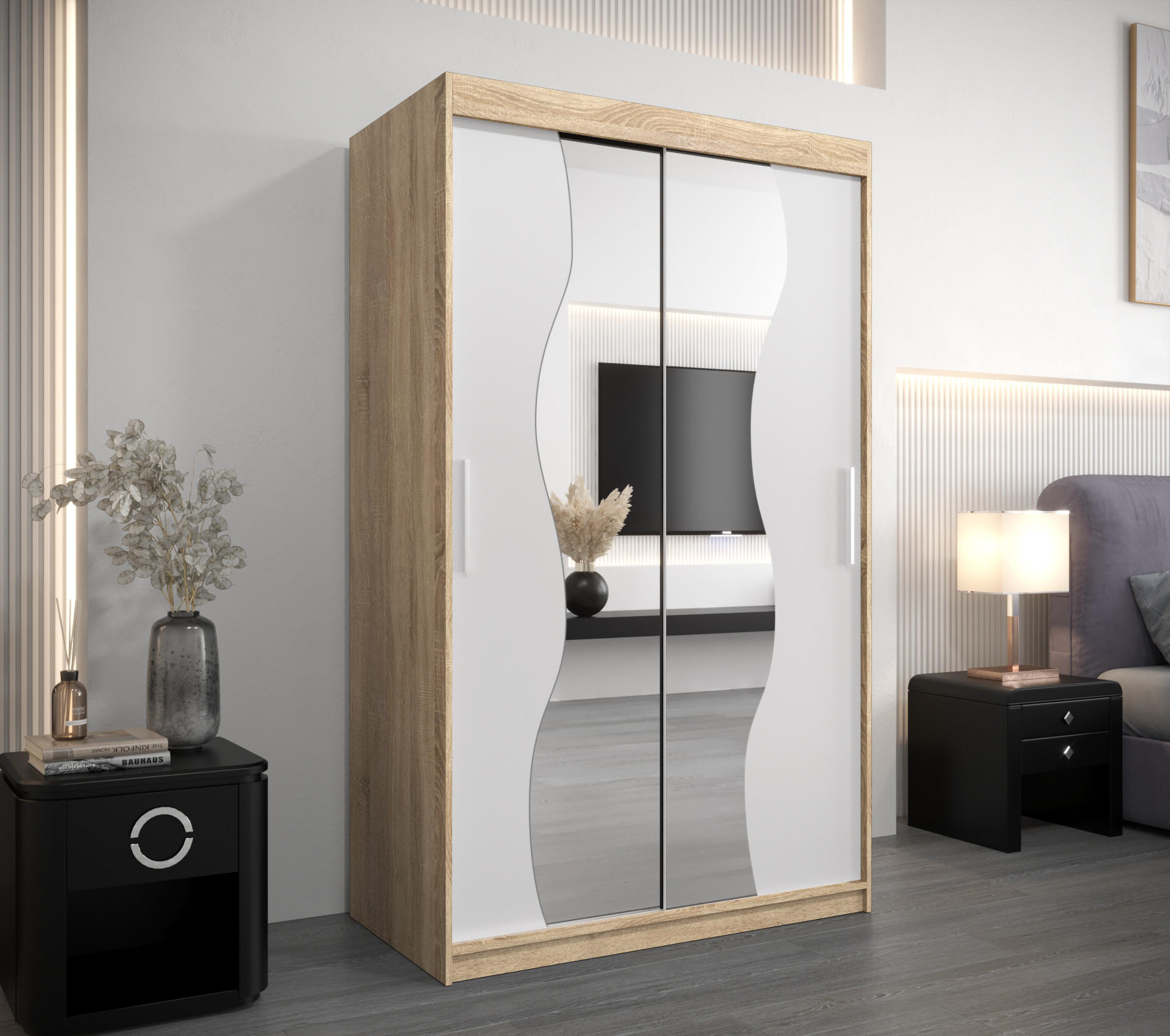 SCHWEBETÜRENSCHRANK 200/120/62 2-türig - Silberfarben/Weiß, Holz/Kunststoff (120/200/62cm) - MÖBEL KRYSPOL