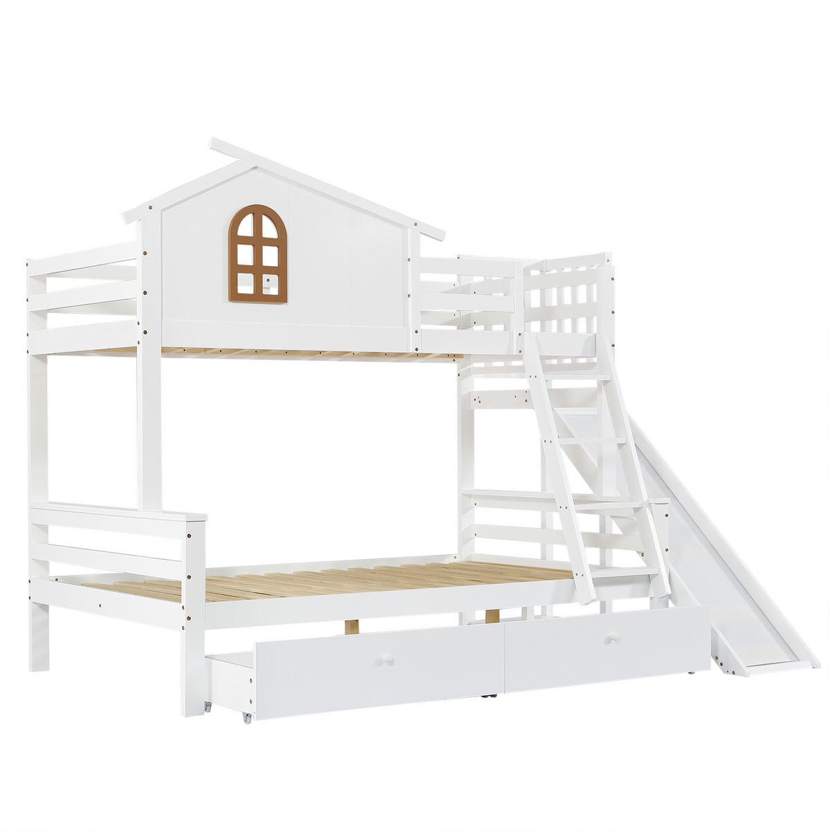 ETAGENBETT 90/200 & 120/200 cm mit Rutsche, Fenster, 2 Schubladen und Kiefer/MDF-Gestell, Weiß - Weiß, Holz (90/200cm) - Redom