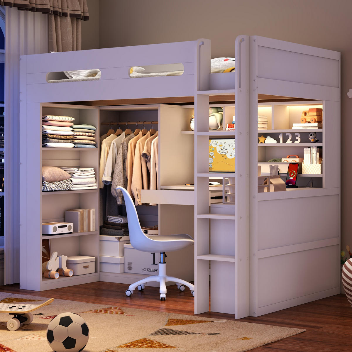 HOCHBETT 90/200 cm in Weiß mit Schublade, Regalböden, Kleiderschrank, Schreibtisch, LED und USB aus Kiefernholz und MDF - Weiß, Holzwerkstoff (90/200cm) - STILVORA