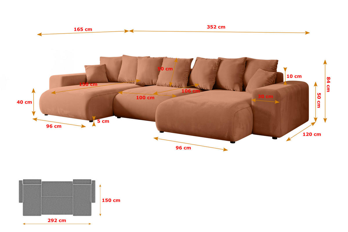 WOHNLANDSCHAFT mit Schlaffunktion und Bettkasten ESKAR-U -352x165x84cm Koralle Velours - Koralle/Schwarz, Holzwerkstoff/Kunststoff (352/84/165cm) - ALTDECOR
