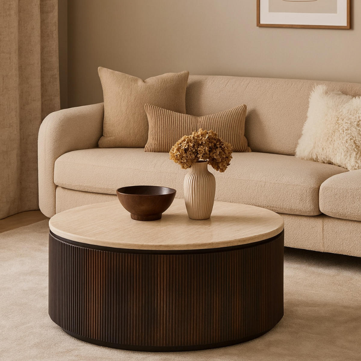 COUCHTISCH Lunado mit Travertin Tischplatte in edlem Säulenstil - Beige/Braun, Keramik (100/100/45cm) - alesvelt