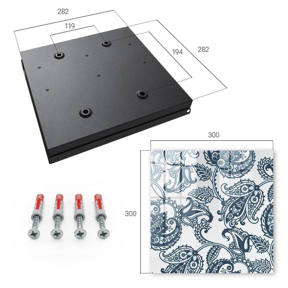 SCHLÜSSELBOX Schwarz 30x30 cm- Türöffnung nach rechts - Elegante Ornamente - Grau, Metall (30/30/5cm) - TULUP