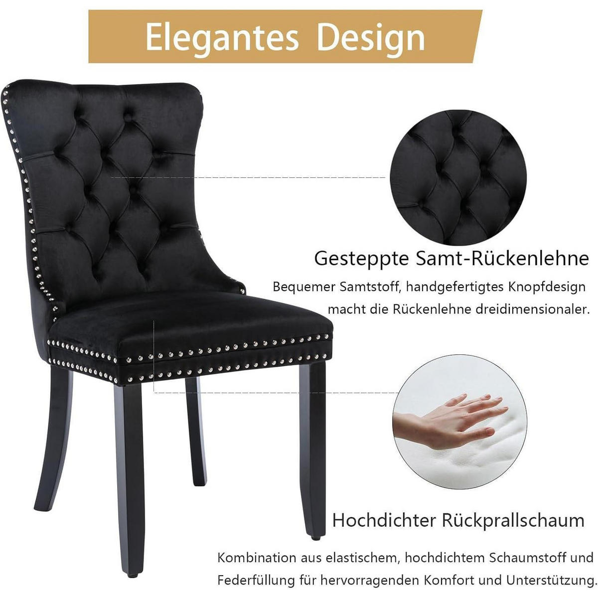 ESSZIMMERSTÜHLE 6er-Set Schwarz Samt mit Massivholzbeinen - Schwarz, Textil (50/95.2/62cm)