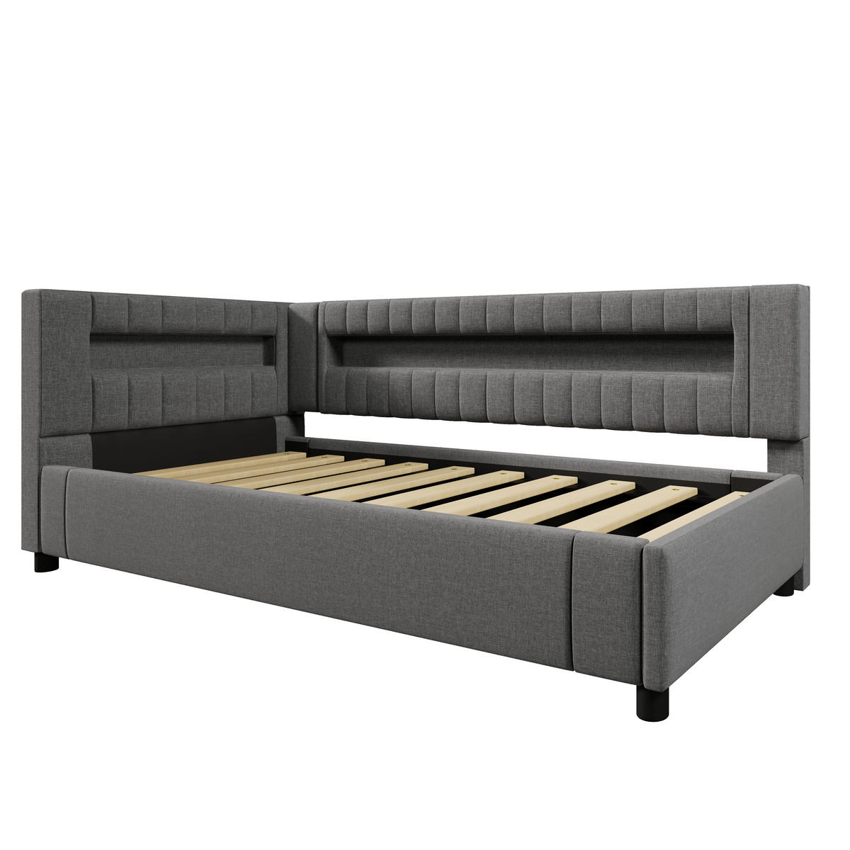 KINDERBETT aus Leinen 90x200 cm in Grau mit LED-Beleuchtung & USB-C - Grau, Textil (90/200cm) - Modfu