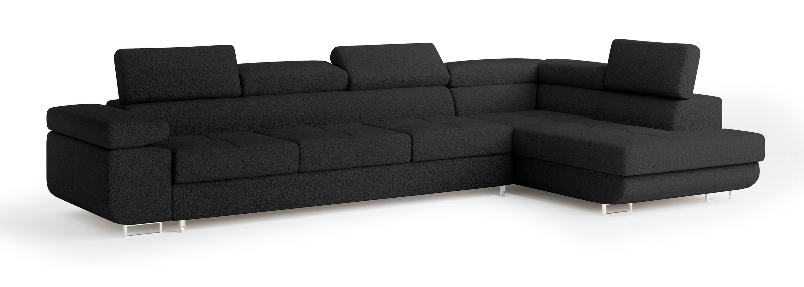 ECKSOFA VICENTE Schwarz Boucle-Stoff mit Schlaffunktion - Schwarz, Holz (346/202cm) - MASSENO