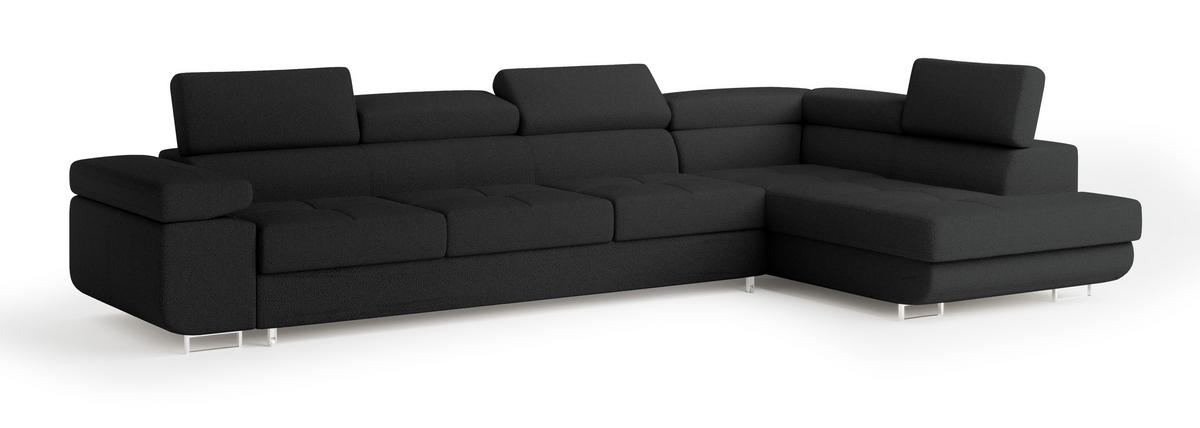 ECKSOFA VICENTE Schwarz Boucle-Stoff mit Schlaffunktion - Schwarz, Holz (346/202cm) - MASSENO