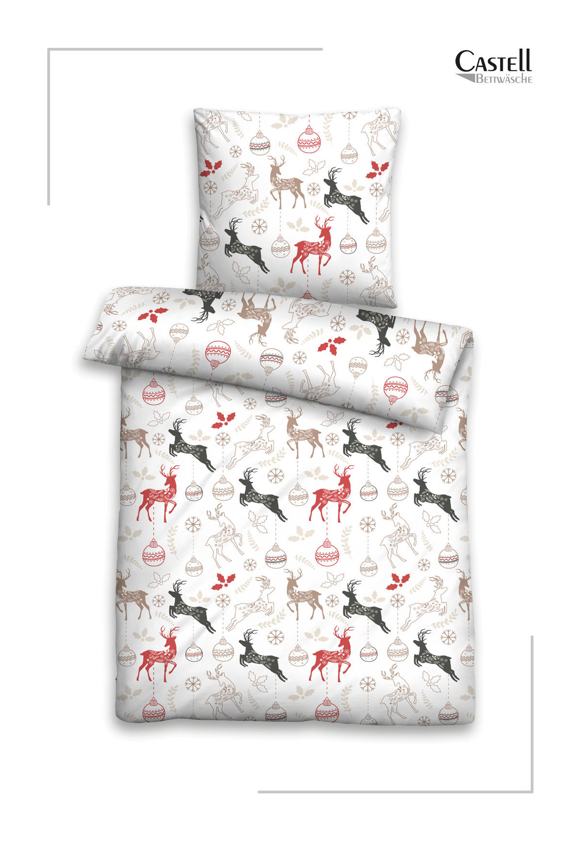 BETTWÄSCHE-GARNITUR Biber Hirsche Weihnachten weiss, 135x200 cm + 80x80 cm - Weiß, Textil (135/200cm) - Castell