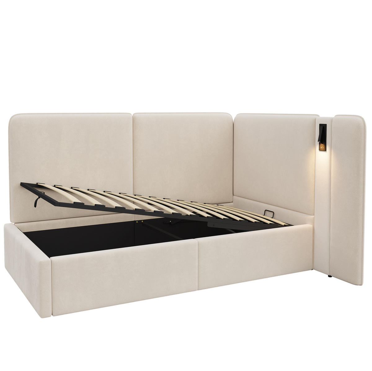 BETT 90/200 cm in Beige – mit Bettkasten, USB-C/USB und Lattenrost - Beige, Textil (90/200cm) - BEAOK