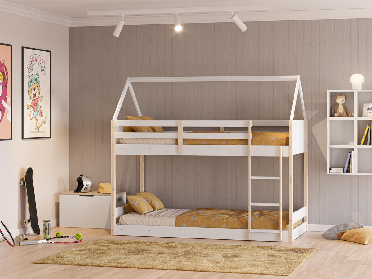 MONTESSORI Etagenbetten 90x190 cm in Hausform 104,7/200/174,9 cm - Weiß, Holz - Calicosy