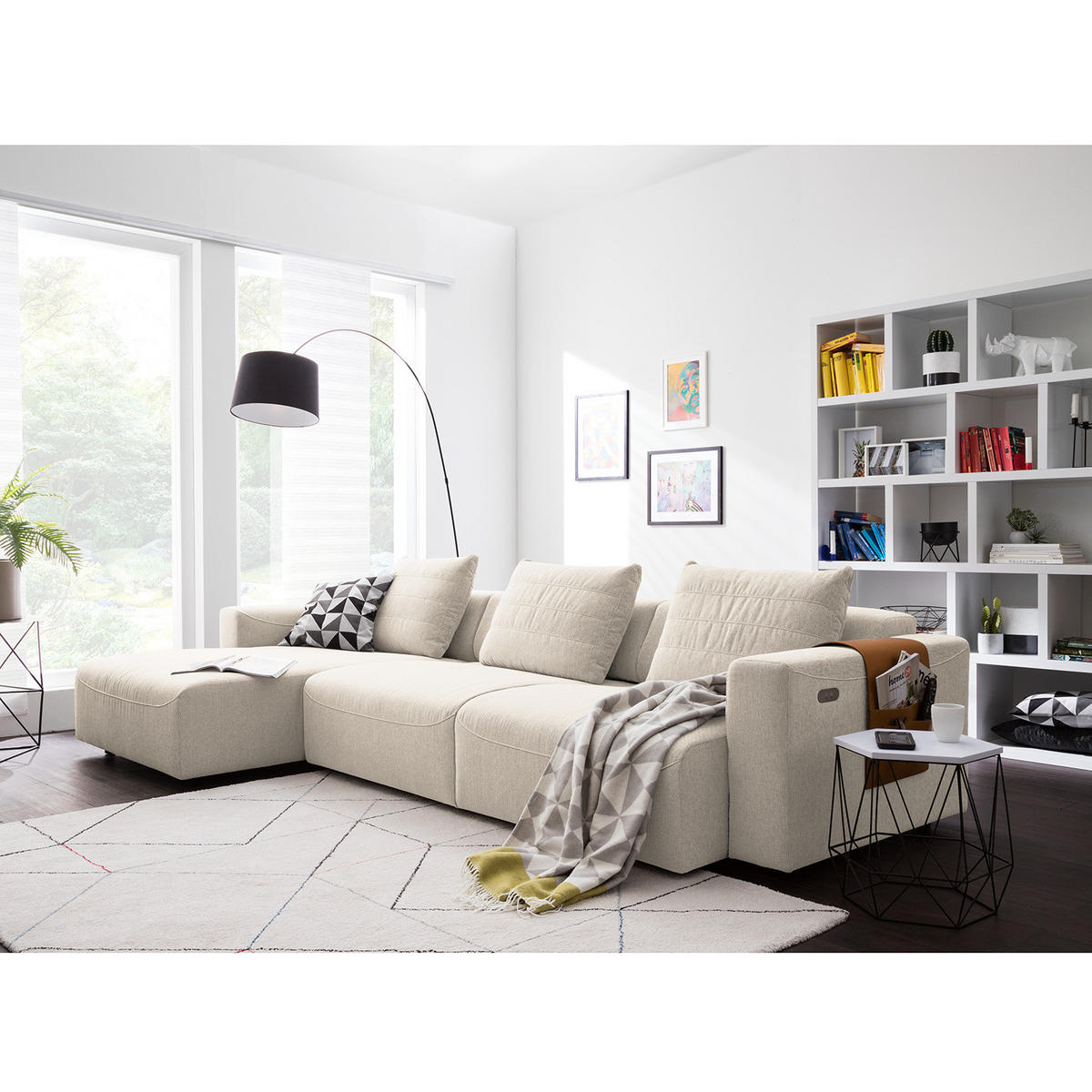 3-SITZER ECKSOFA mit Longchair - Webstoff - Beige/Schwarz, Kunststoff/Textil (320/170cm) - home24