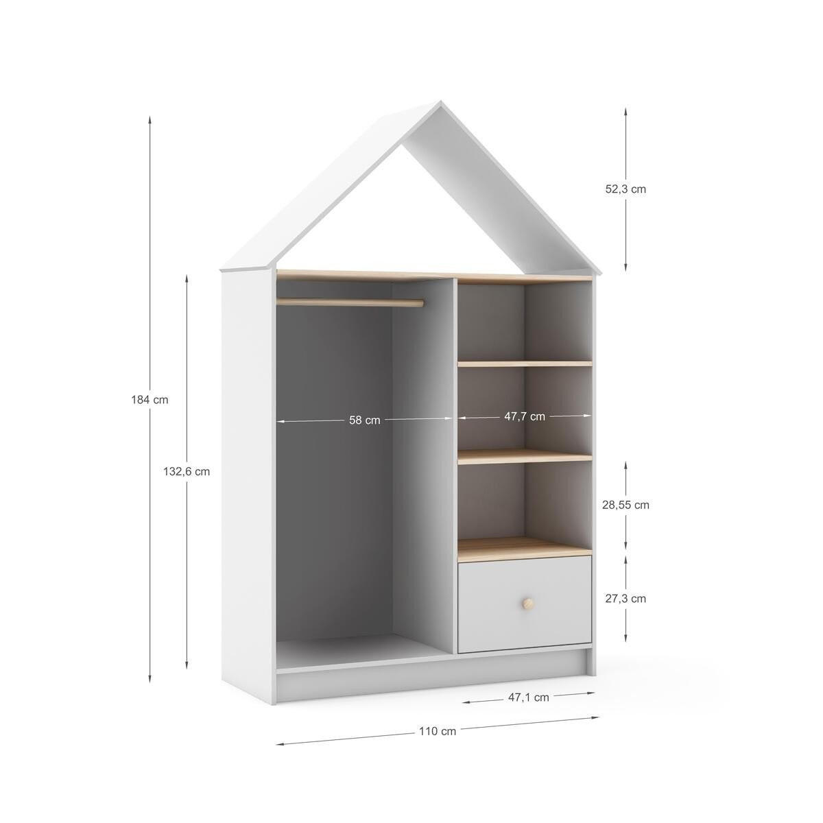 KLEIDERSCHRANK mit 3 Nischen, 1 Schublade und 1 Kleiderstange H180 cm 45/110/180 cm - Weiß, Holzwerkstoff (45/180/110cm) - Calicosy